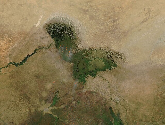 A satellite view of fires around a lake.