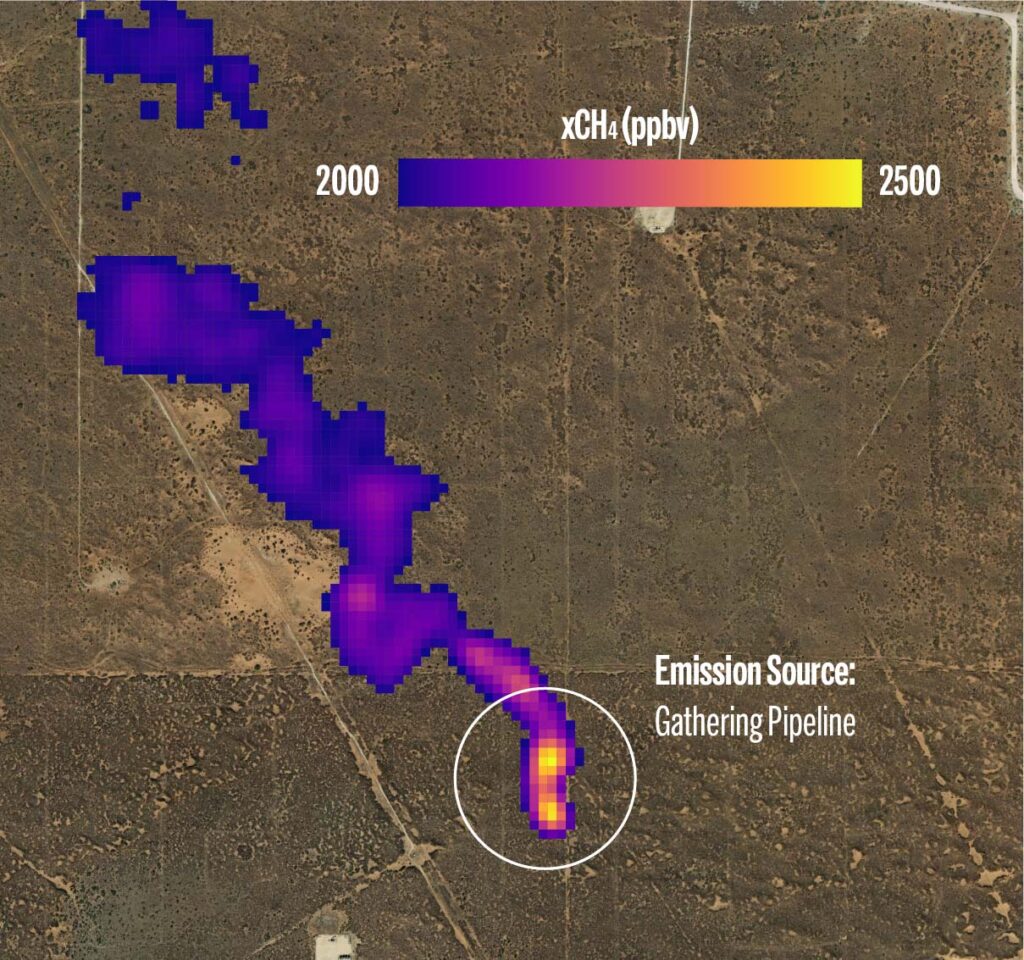 MethanSAT's algorithm detecting methane emissions escaping from a gathering pipeline.