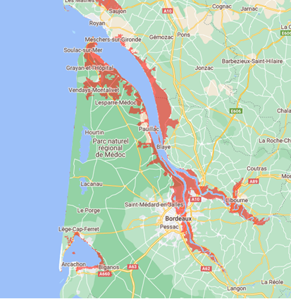 Rising sea levels would affect the areas surrounding the Gironde Estuary, Arcachon Bay, and Dordogne and Garonne rivers.